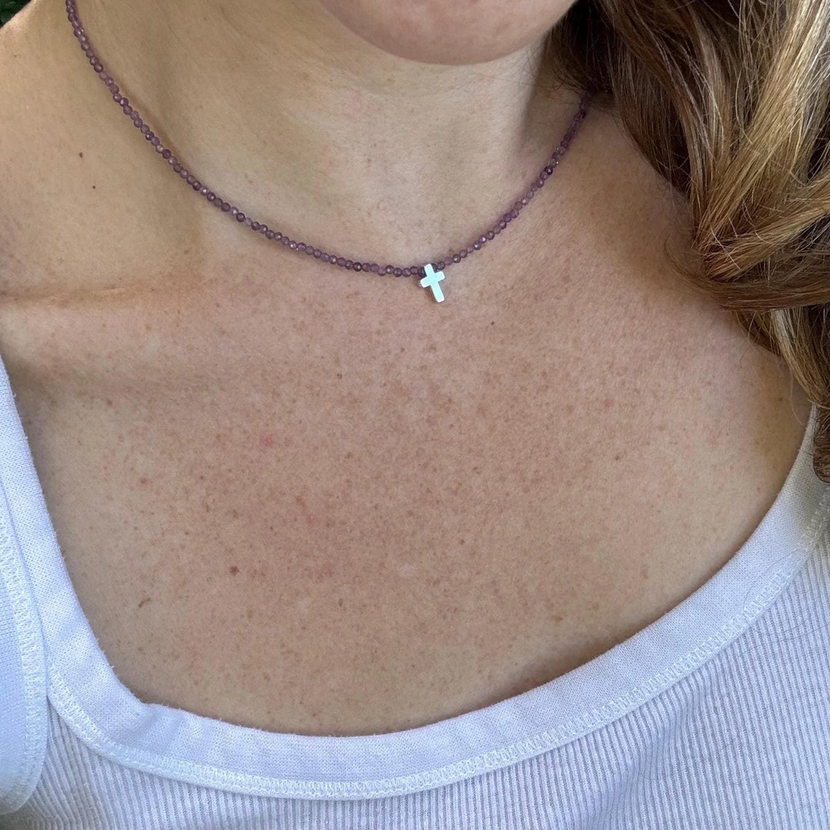 Amethyst Beaded Necklace, Sterling Silver Cross, Dainty Christian Jewelry
