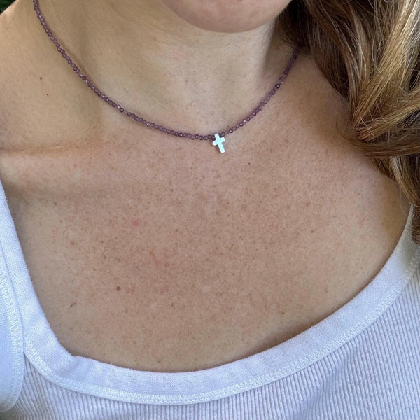 Amethyst Beaded Necklace, Sterling Silver Cross, Dainty Christian Jewelry
