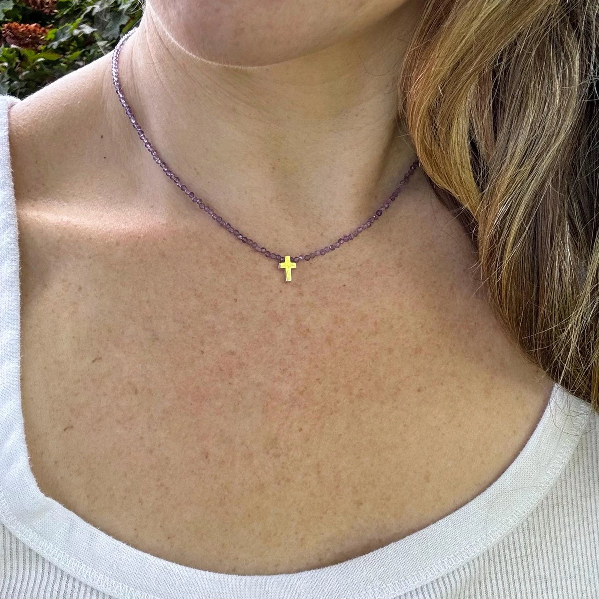 Amethyst Beaded Necklace, Sterling Silver Cross, Dainty Christian Jewelry