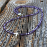 Amethyst Beaded Necklace, Sterling Silver Cross, Dainty Christian Jewelry