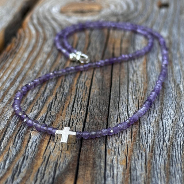 Amethyst Beaded Necklace, Sterling Silver Cross, Dainty Christian Jewelry