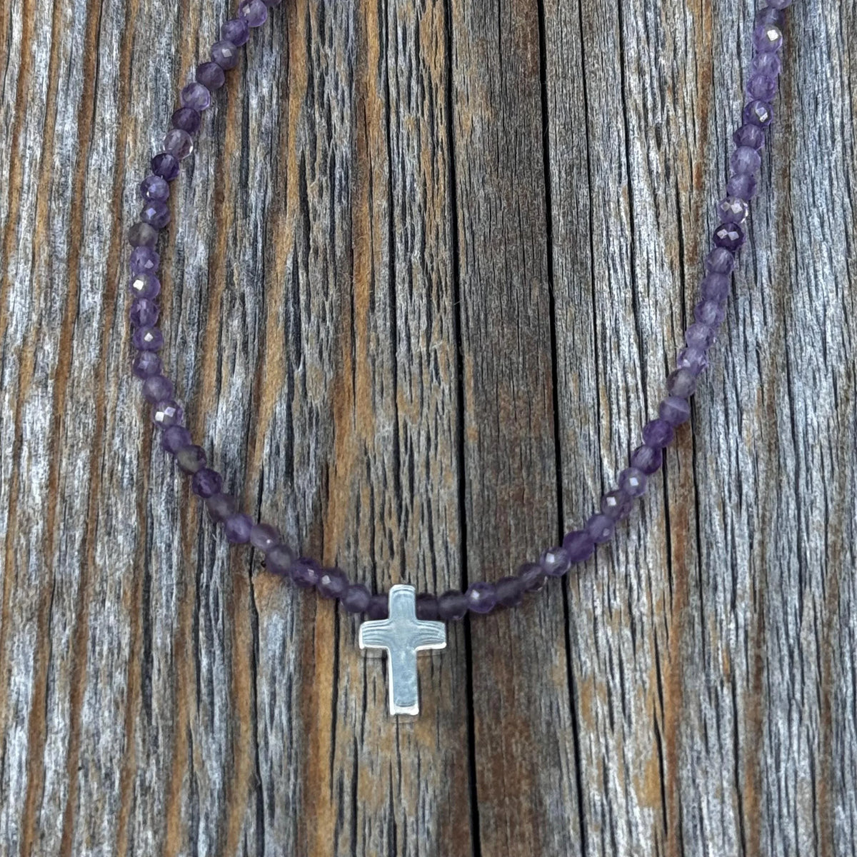 Amethyst Beaded Necklace, Sterling Silver Cross, Dainty Christian Jewelry