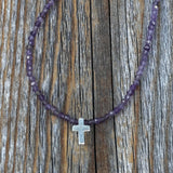 Amethyst Beaded Necklace, Sterling Silver Cross, Dainty Christian Jewelry