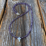 Amethyst Beaded Necklace, Sterling Silver Cross, Dainty Christian Jewelry
