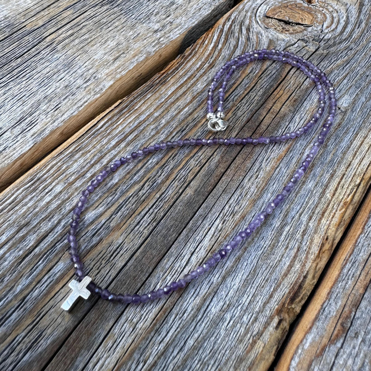 Amethyst Beaded Necklace, Sterling Silver Cross, Dainty Christian Jewelry