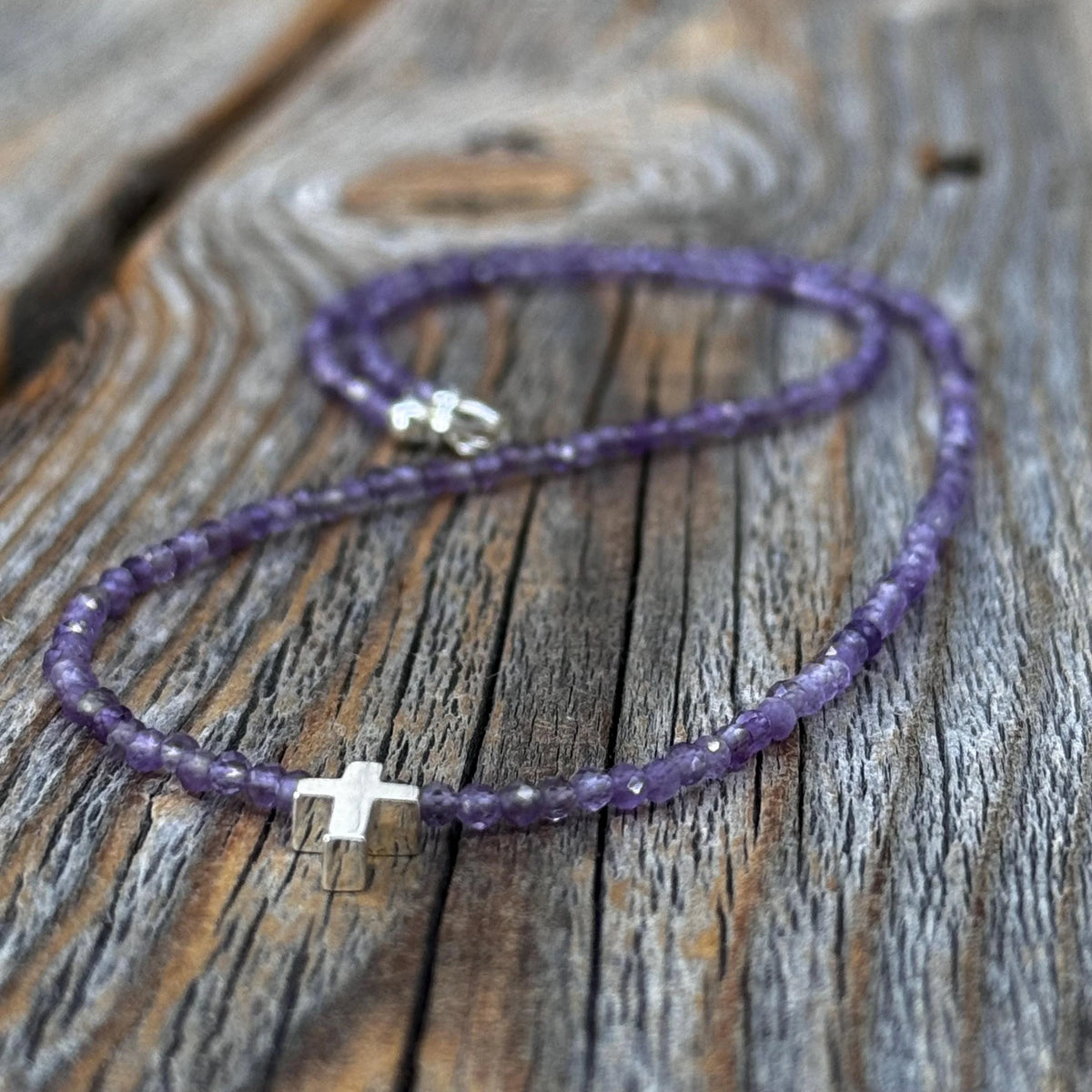 Amethyst Beaded Necklace, Sterling Silver Cross, Dainty Christian Jewelry