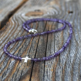 Amethyst Beaded Necklace, Sterling Silver Cross, Dainty Christian Jewelry