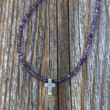 Amethyst Beaded Necklace, Sterling Silver Cross, Dainty Christian Jewelry