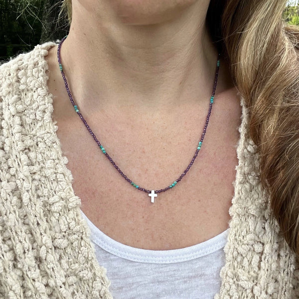 Amethyst Turquoise Beaded Cross Necklace – Sterling Silver, Dainty Christian Jewelry