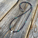 Amethyst Turquoise Beaded Cross Necklace – Sterling Silver, Dainty Christian Jewelry