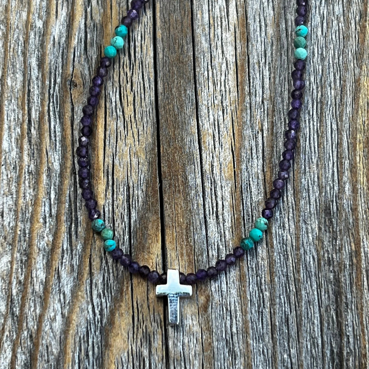 Amethyst Turquoise Beaded Cross Necklace – Sterling Silver, Dainty Christian Jewelry
