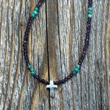 Amethyst Turquoise Beaded Cross Necklace – Sterling Silver, Dainty Christian Jewelry