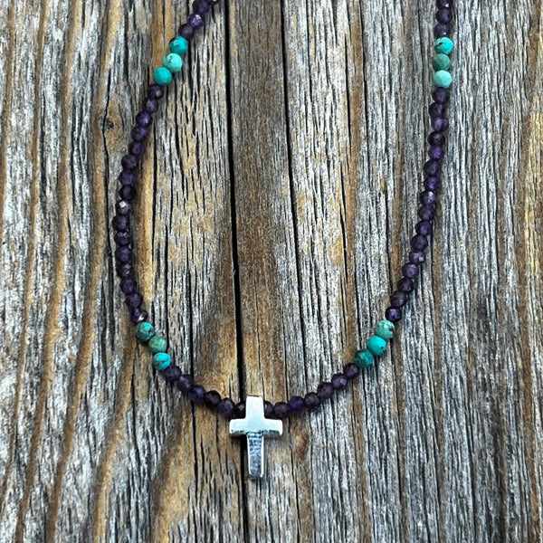 Amethyst Turquoise Beaded Cross Necklace – Sterling Silver, Dainty Christian Jewelry