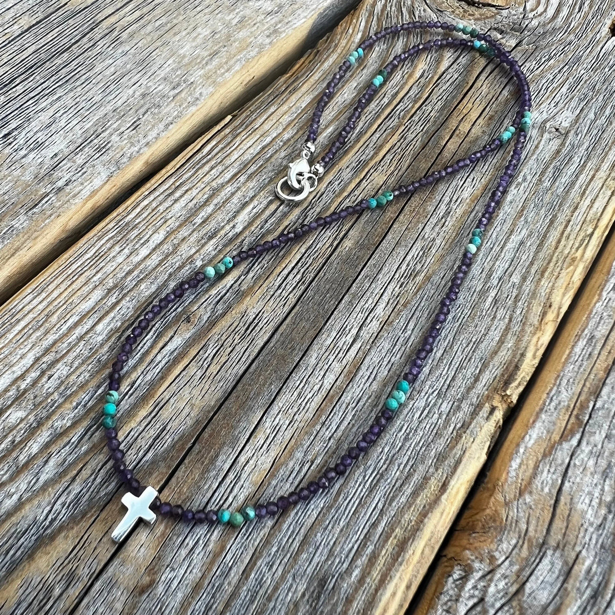 Amethyst Turquoise Beaded Cross Necklace – Sterling Silver, Dainty Christian Jewelry