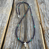Amethyst Turquoise Beaded Cross Necklace – Sterling Silver, Dainty Christian Jewelry