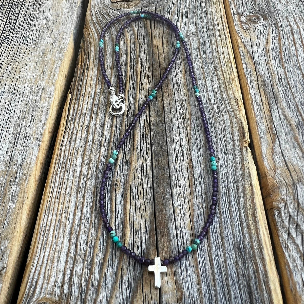 Amethyst Turquoise Beaded Cross Necklace – Sterling Silver, Dainty Christian Jewelry