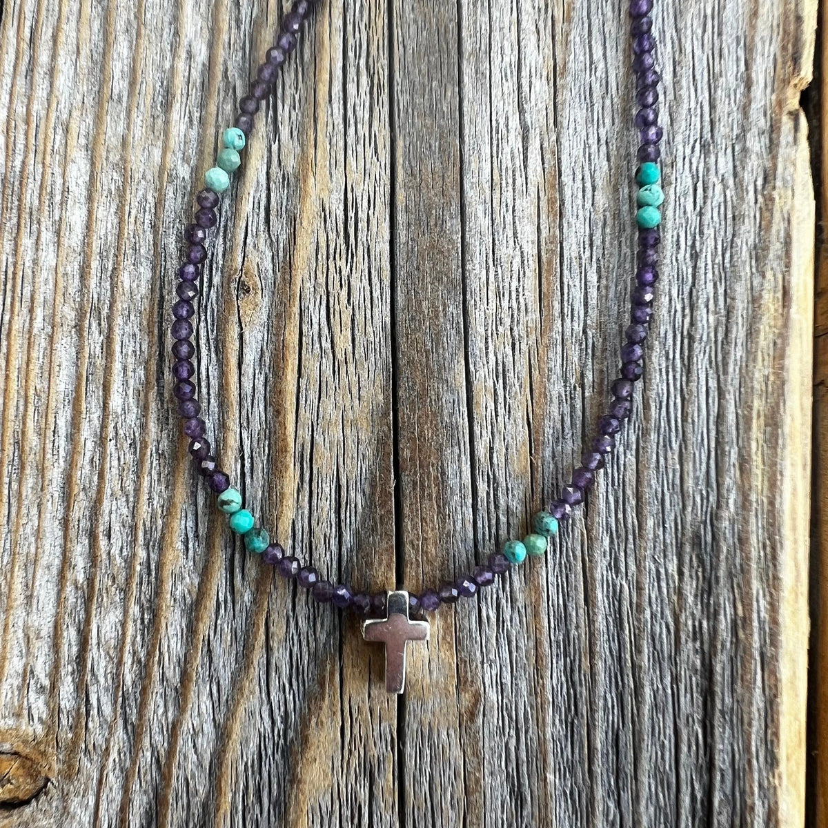 Amethyst Turquoise Beaded Cross Necklace – Sterling Silver, Dainty Christian Jewelry