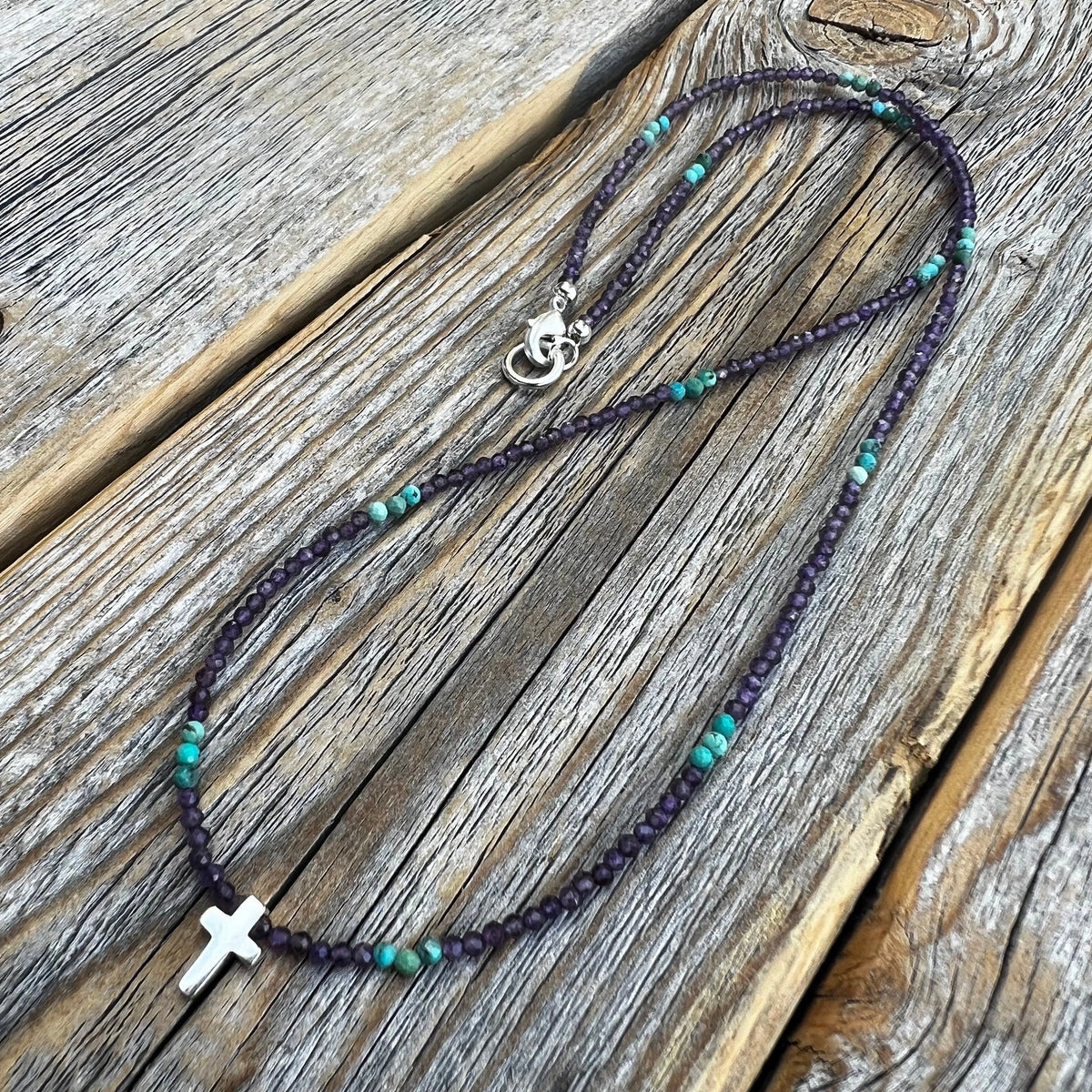 Amethyst Turquoise Beaded Cross Necklace – Sterling Silver, Dainty Christian Jewelry