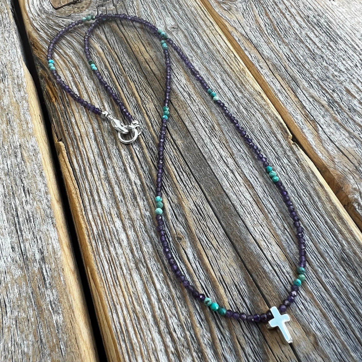 Amethyst Turquoise Beaded Cross Necklace – Sterling Silver, Dainty Christian Jewelry