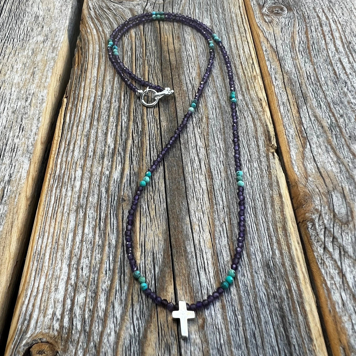 Amethyst Turquoise Beaded Cross Necklace – Sterling Silver, Dainty Christian Jewelry