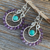 Amethyst Turquoise Sterling Silver Hoop Earrings, Handmade