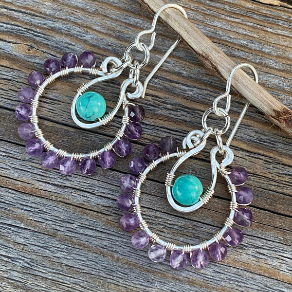 Amethyst Turquoise Sterling Silver Hoop Earrings, Handmade