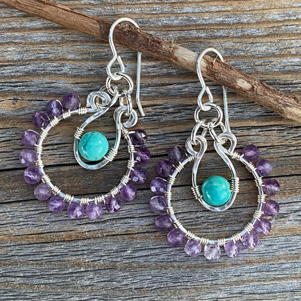 Amethyst Turquoise Sterling Silver Hoop Earrings, Handmade