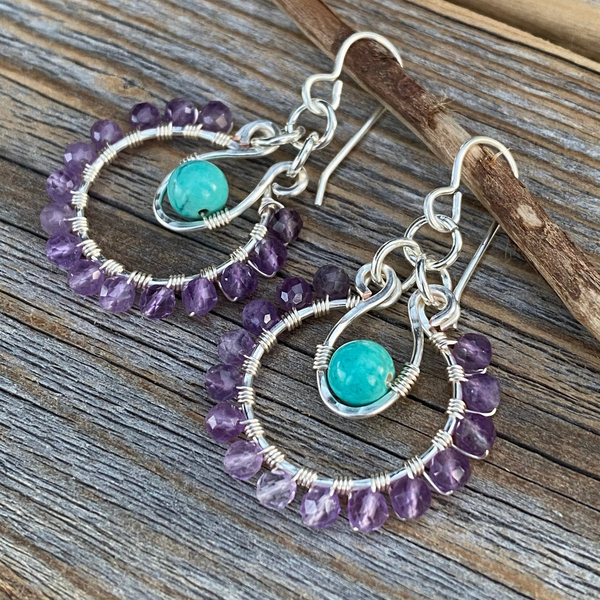 Amethyst Turquoise Sterling Silver Hoop Earrings, Handmade