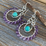 Amethyst Turquoise Sterling Silver Hoop Earrings, Handmade