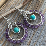 Amethyst Turquoise Sterling Silver Hoop Earrings, Handmade