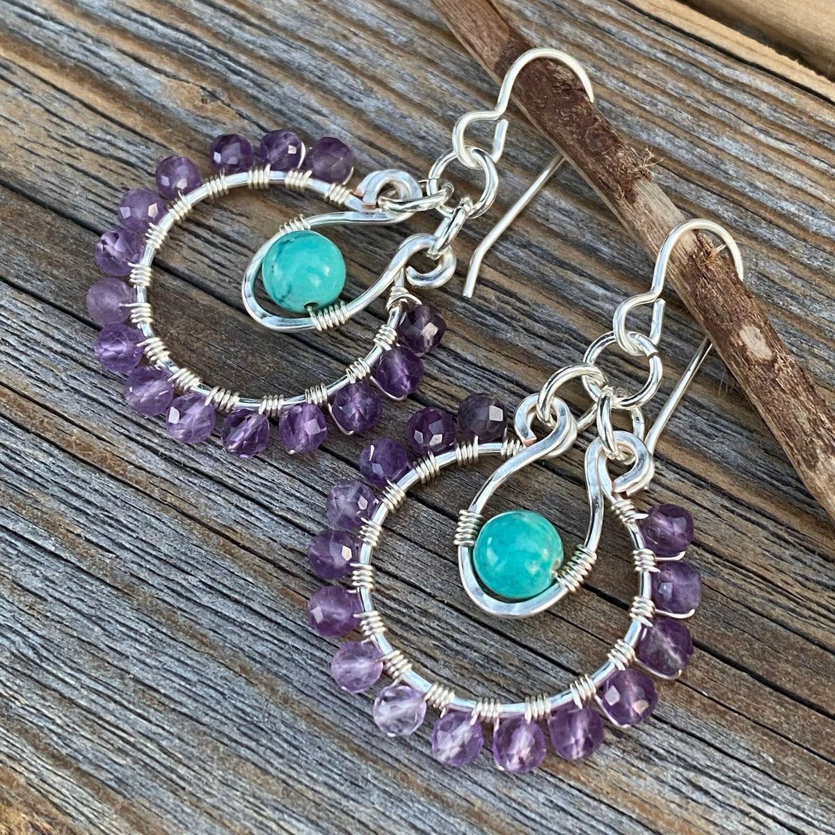 Amethyst Turquoise Sterling Silver Hoop Earrings, Handmade