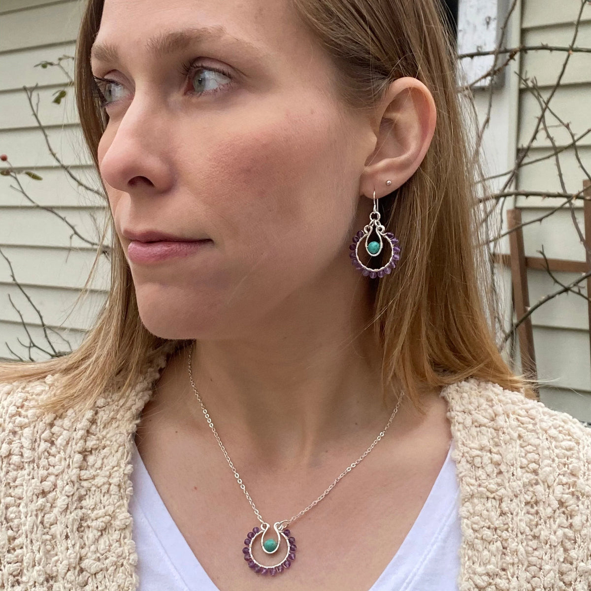Amethyst Turquoise Sterling Silver Hoop Earrings, Handmade