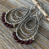 Antique Silver Garnet Teardrop Earrings, Wire Wrapped January Birthstone