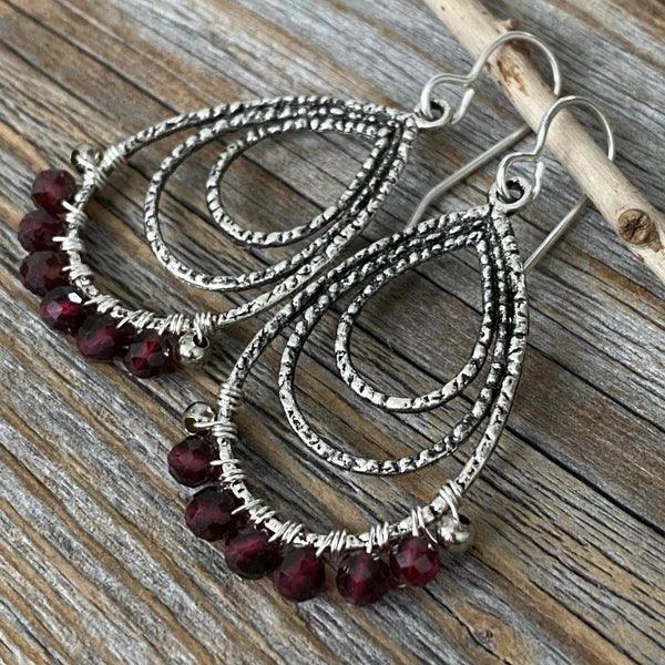 Antique Silver Garnet Teardrop Earrings, Wire Wrapped January Birthstone