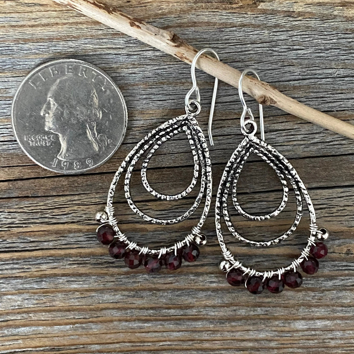Antique Silver Garnet Teardrop Earrings, Wire Wrapped January Birthstone