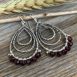 Antique Silver Garnet Teardrop Earrings, Wire Wrapped January Birthstone