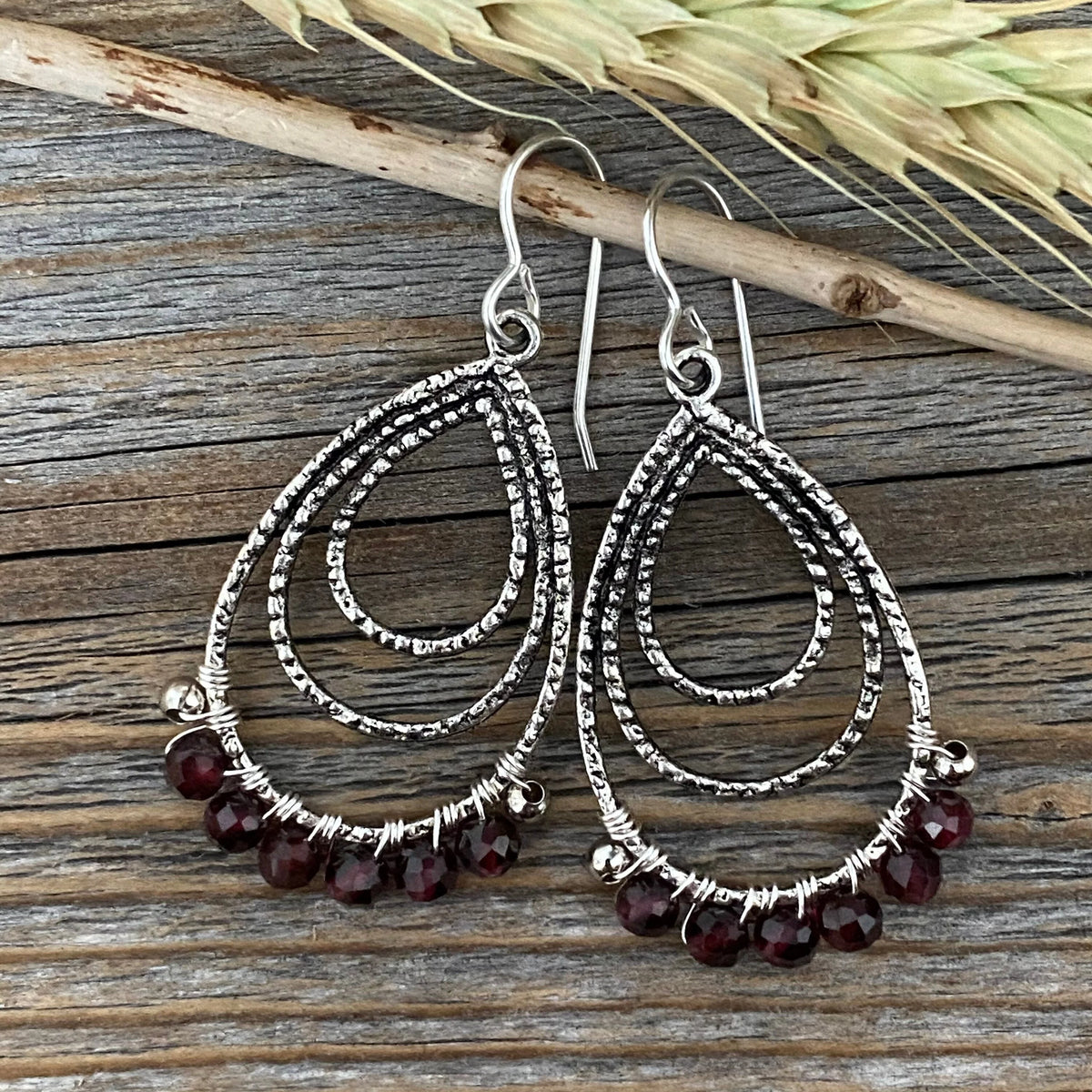 Antique Silver Garnet Teardrop Earrings, Wire Wrapped January Birthstone
