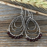 Antique Silver Garnet Teardrop Earrings, Wire Wrapped January Birthstone