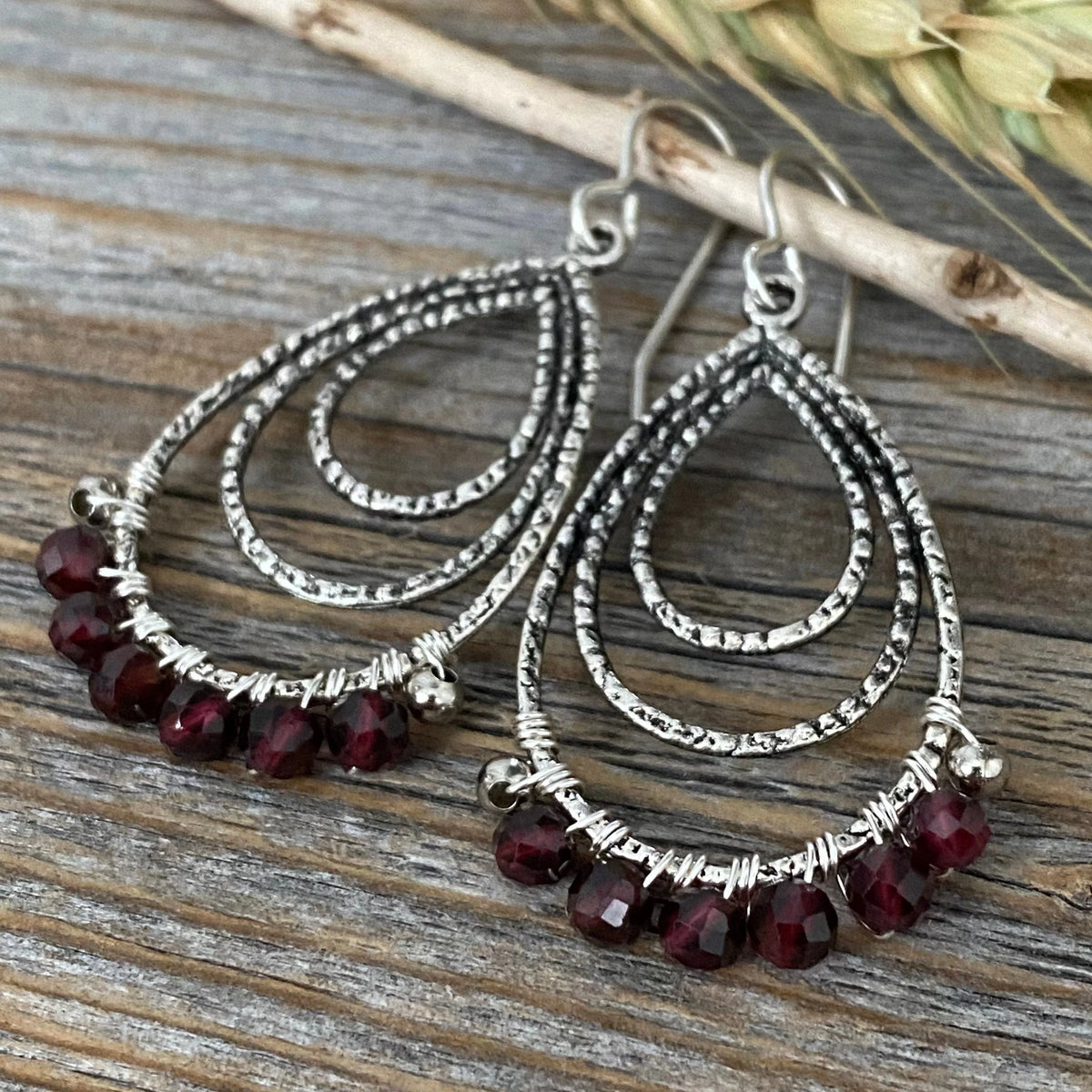Antique Silver Garnet Teardrop Earrings, Wire Wrapped January Birthstone
