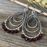 Antique Silver Garnet Teardrop Earrings, Wire Wrapped January Birthstone