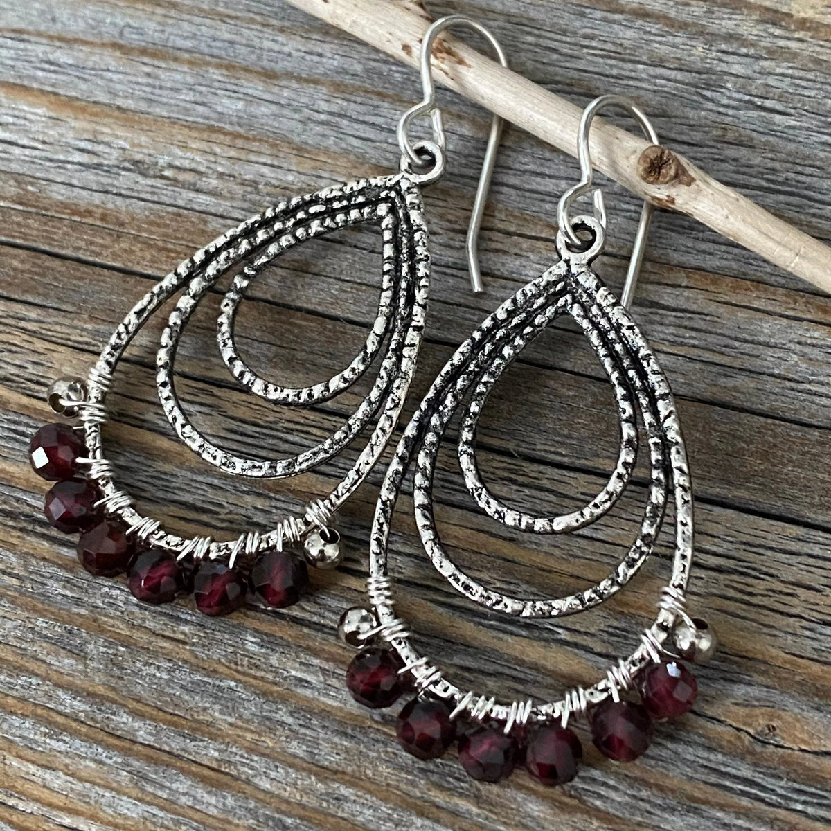 Antique Silver Garnet Teardrop Earrings, Wire Wrapped January Birthstone
