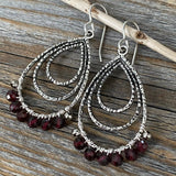 Antique Silver Garnet Teardrop Earrings, Wire Wrapped January Birthstone