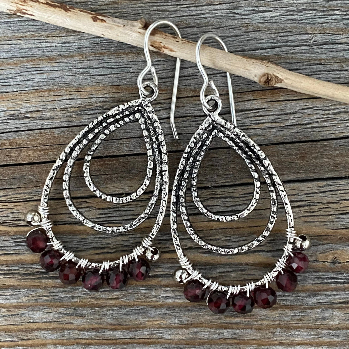 Antique Silver Garnet Teardrop Earrings, Wire Wrapped January Birthstone