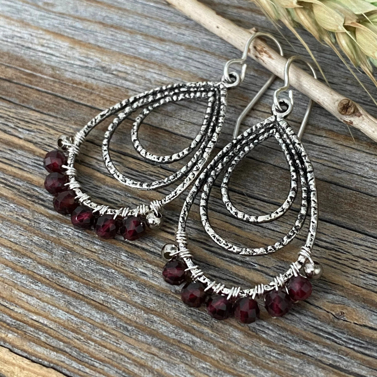 Antique Silver Garnet Teardrop Earrings, Wire Wrapped January Birthstone