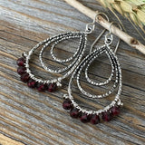 Antique Silver Garnet Teardrop Earrings, Wire Wrapped January Birthstone