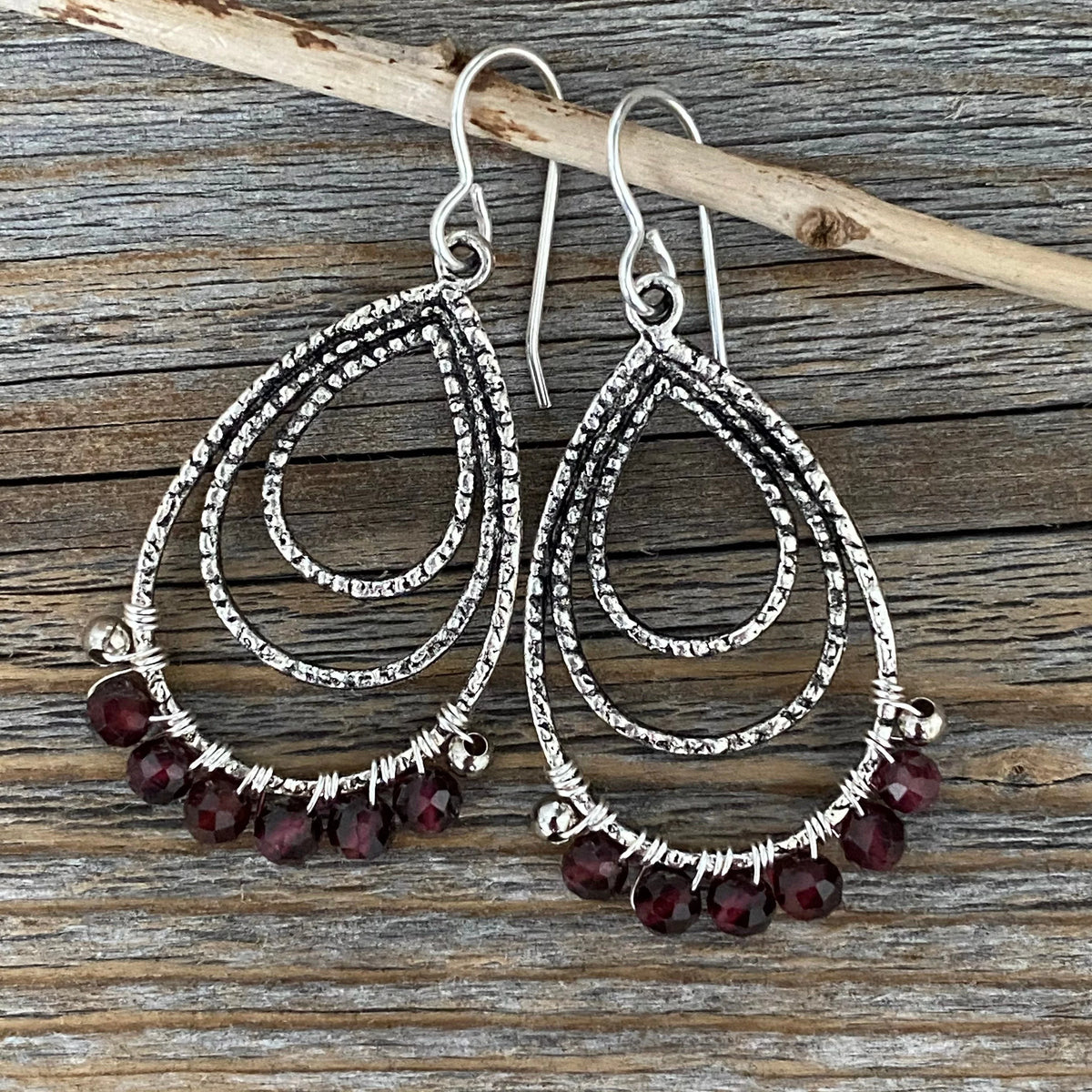 Antique Silver Garnet Teardrop Earrings, Wire Wrapped January Birthstone