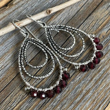 Antique Silver Garnet Teardrop Earrings, Wire Wrapped January Birthstone