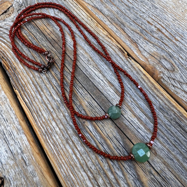Aventurine Beaded Layering Necklace, Czech Glass, Handmade