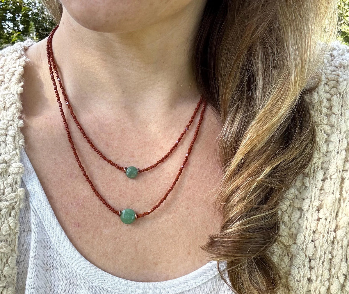 Aventurine Beaded Layering Necklace, Czech Glass, Handmade