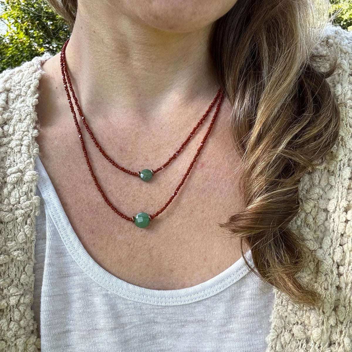 Aventurine Beaded Layering Necklace, Czech Glass, Handmade